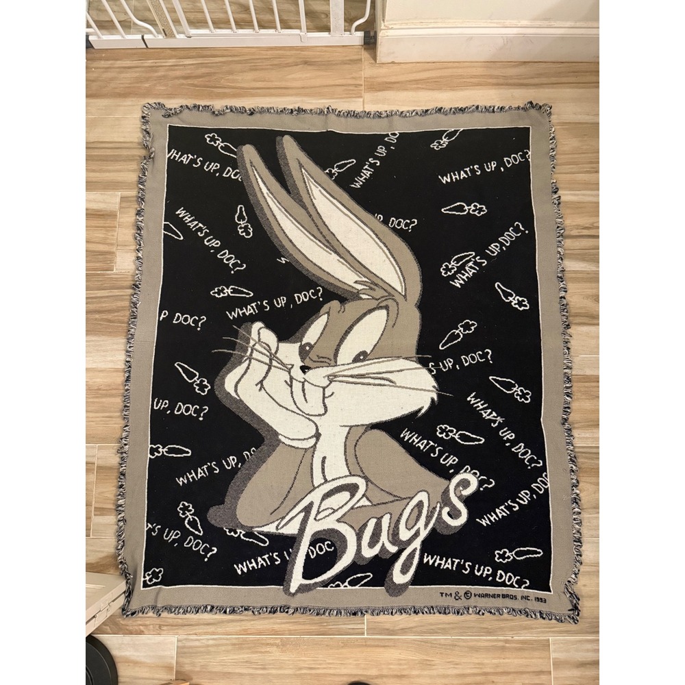 Vintage 1993 Bugs Bunny Woven Tapestry Throw Blanket Looney‎ Tunes 90s 54"x46"